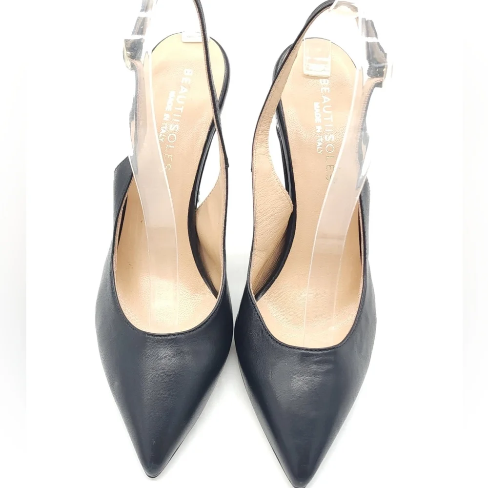 $295 Beautiisoles Michelle Black Leather Pointed Toe Slingback Pumps Size 9